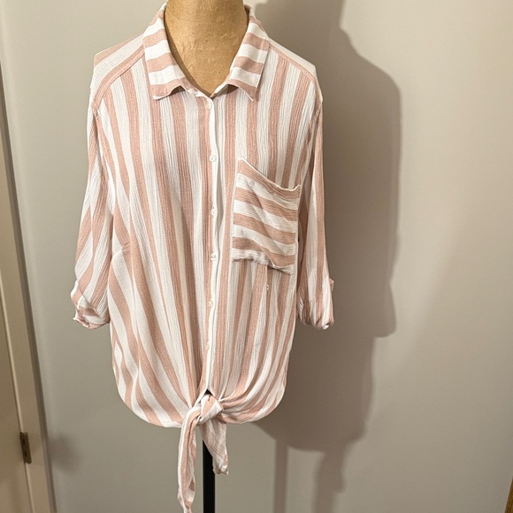 VIXBE Tops - Casual Striped Button-Down Shirt - Pink and White